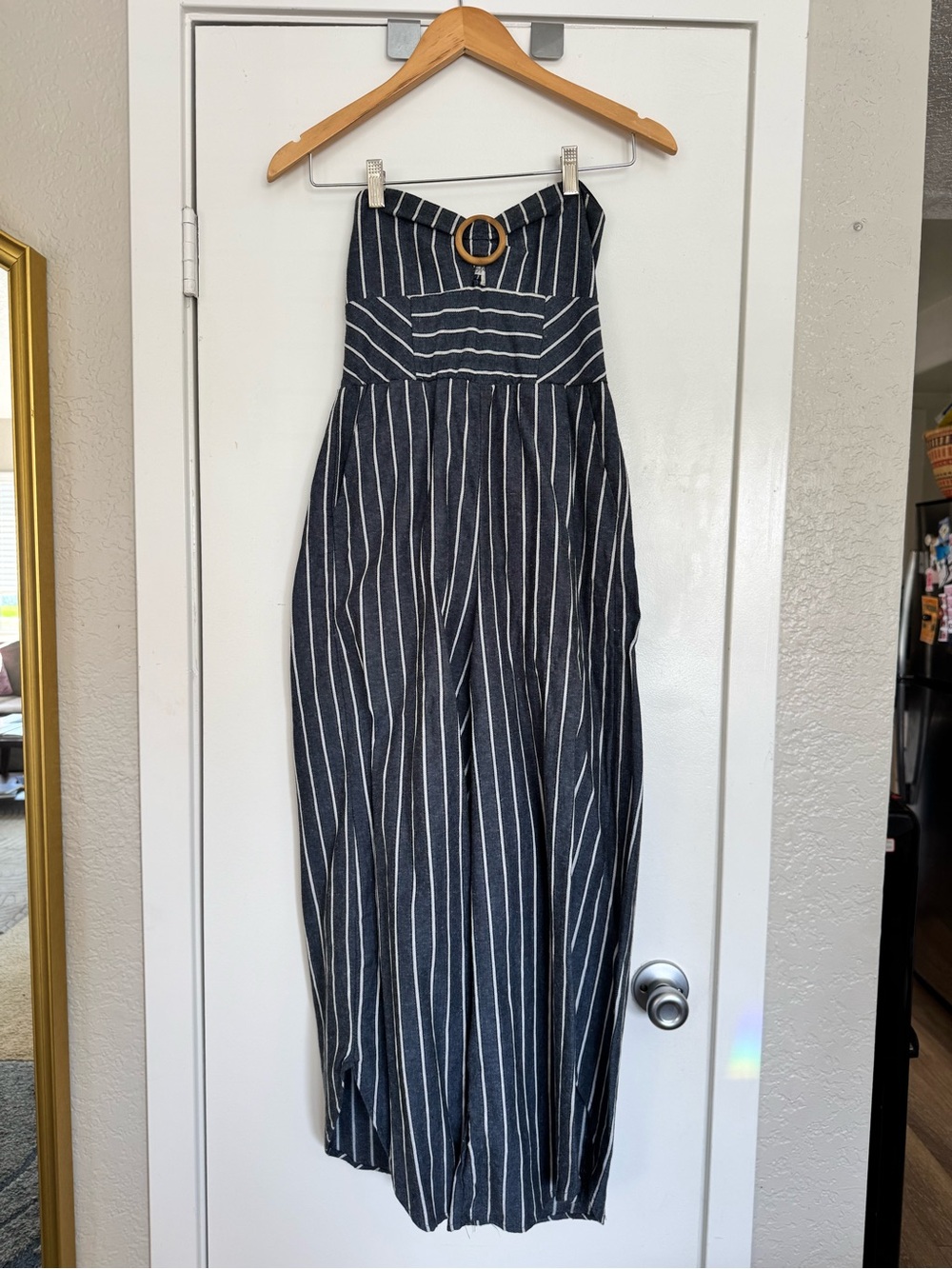 Taylor & Sage Navy and White Strapless Ring-Detail Jumpsuit